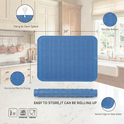 MicoYang Silicone Dish Drying Mat for Multiple Usage,Easy clean,Eco-friendly,Heat-resistant Silicone Mat for Kitchen Counter or Sink,Refrigerator or Drawer Liner Lichen BlueL 2XL 24 inches x 18 inches - Image 2