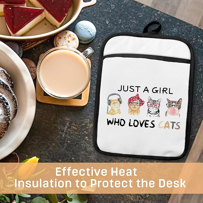 Cat Pot Holders with Pockets, Just a Girl Who Loves Cats Oven Pot Holders Heat Resistant Oven Mitts Hot Pads for Kitchen Baking Cooking