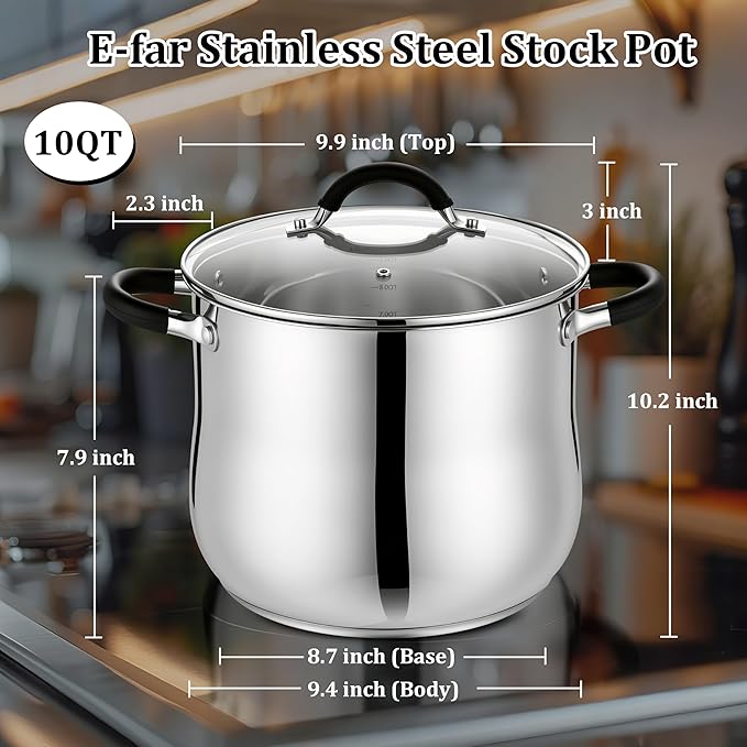 E-far 10 Quart Stock Pot, Stainless Steel Pot for Cooking Soup Simmering Stew, Tall Induction Pot with Visible Lid, Large Pot w/Tri-Ply Base & Dual Heat Proof Handles, Non-Toxic & Dishwasher Safe - Image 2