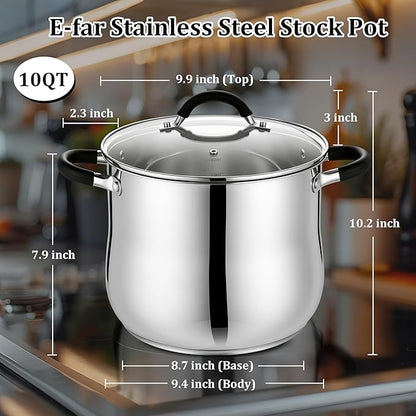 E-far 10 Quart Stock Pot, Stainless Steel Pot for Cooking Soup Simmering Stew, Tall Induction Pot with Visible Lid, Large Pot w/Tri-Ply Base & Dual Heat Proof Handles, Non-Toxic & Dishwasher Safe - Image 2