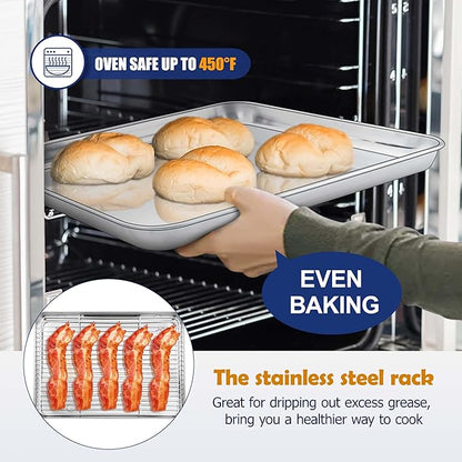 16 Inch Baking Sheet Pan with Rack Set, Joyfair Stainless Steel Toaster Oven Pans Tray & Cooling Racks for Cookie/Jelly Roll/Bacon/Meat, Commercial Metal & Rust-free, Dishwasher Safe - Image 5