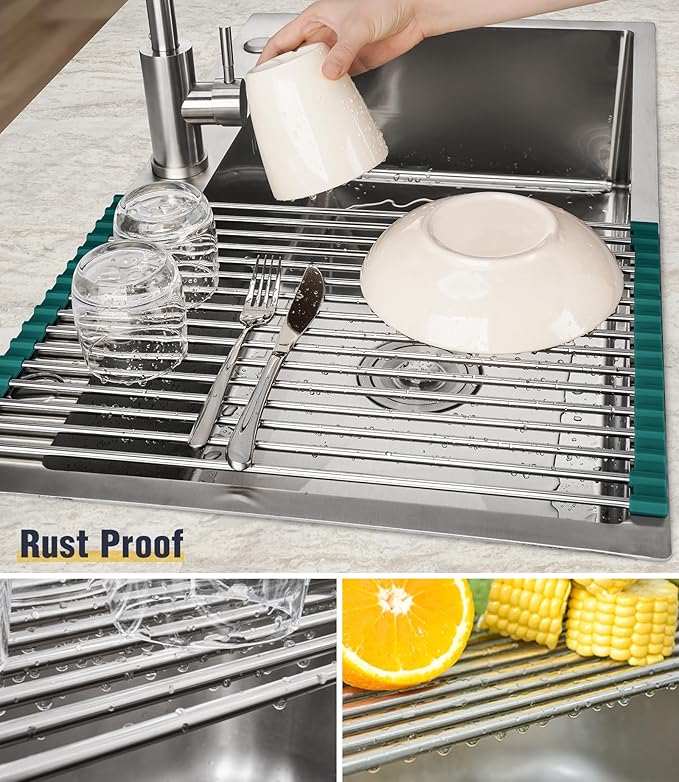 Tomorotec Stainless Steel Roll Up Dish Drying Rack, Foldable Over The Sink Rolling Drainer Rack, Multipurpose Kitchen Gadget Draining Caddy Organizer, Space Saving Sink Accessory Storage Shelf Holder - Image 2