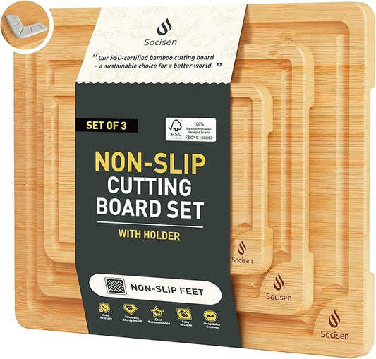 Bamboo Cutting Board Set Non Slip Feet with Holder Over Sink Kitchen Gadgets Charcuterie & Chopping Board Apartment Essentials New Home Must Haves Things Stuff Accessories House Housewarming Gifts by Socisen