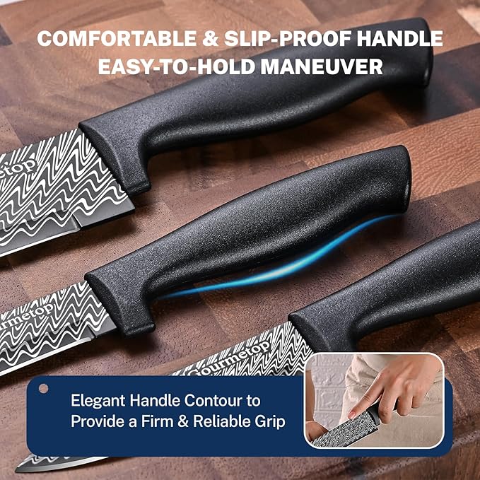 Gourmetop Kitchen Knife Set with Cover 3 Pcs, Black Chef Knife Set for Cooking, Sharp Kitchen Knives with Sheath, 8'' Chef Knife, 5'' Utility, 3.5'' Paring, Damascus Pattern Kitchen Knife for Cutting - Image 3