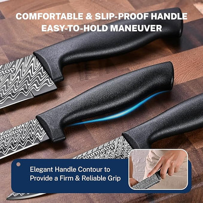 Gourmetop Kitchen Knife Set with Cover 3 Pcs, Black Chef Knife Set for Cooking, Sharp Kitchen Knives with Sheath, 8'' Chef Knife, 5'' Utility, 3.5'' Paring, Damascus Pattern Kitchen Knife for Cutting - Image 3