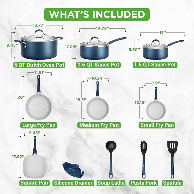 NutriChef 14-Piece Navy Blue Nonstick Cookware Set - Durable Pots and Pans Set with Lids & Utensils, Compatible with All Cooktops - Image 3
