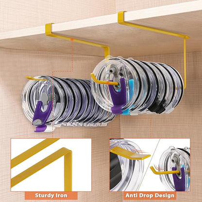 2 Pack Tumbler Lid Organizer, Horizontal Tumbler Lid Storage Hook Up to 20 Lids, Space Saving Cup Lid Holder Under Cabinet Tumbler Lid Hook for Kitchen Organizer, Paper Towel Hanger(Round&Flat, Gold) - Image 4