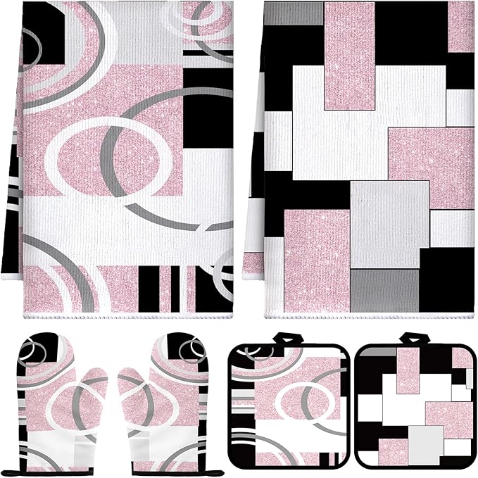 Jingmore 6 Pcs Kitchen Decor Set Accessory Farmhouse Kitchen Towels Pot Holders Oven Mitts Set 2 Dish Towels 2 Pot Holders 2 Cooking Mittens Oven Glove for Cooking (Pink, White, Black,Geometric) by Jingmore
