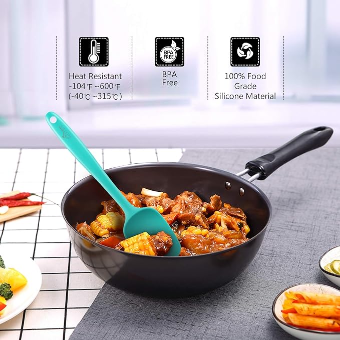 HOTEC 600℉ Heat Resistant BPA-Free Silicone Rubber Spatula Set,Kitchen Cooking Spatulas, Baking, Mixing for Non Stick Cookware, Dishwasher Safe, Set of 5 Aqua Sky - Image 4