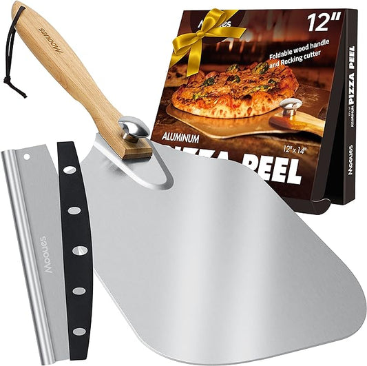 Pizza Peel Aluminum Pizza Spatula, Mooues 12 inch Metal Pizza Paddle(12"x 14")with Rocker Cutter Foldable Wood Handle, [Storage bag included], for Family Pizza Oven Baking Pizza, Dough, Bread & Pastry by Mooues
