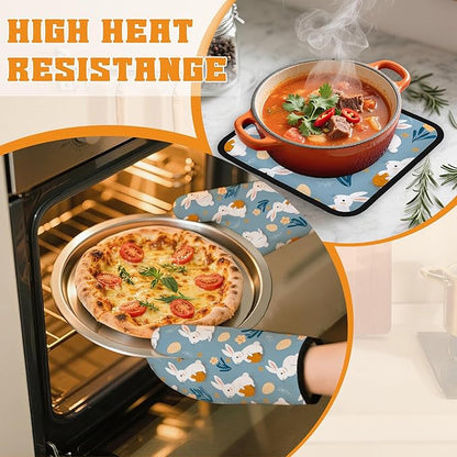 Easter Oven Mitts and Pot Holders Set,Cute Rabbit Kitchen Decor Heat Resistant Non Slip Hot Pads and Oven Mitt for Chef Cooking Baking BBQ Mom Girl Gifts(4 Piece Set)