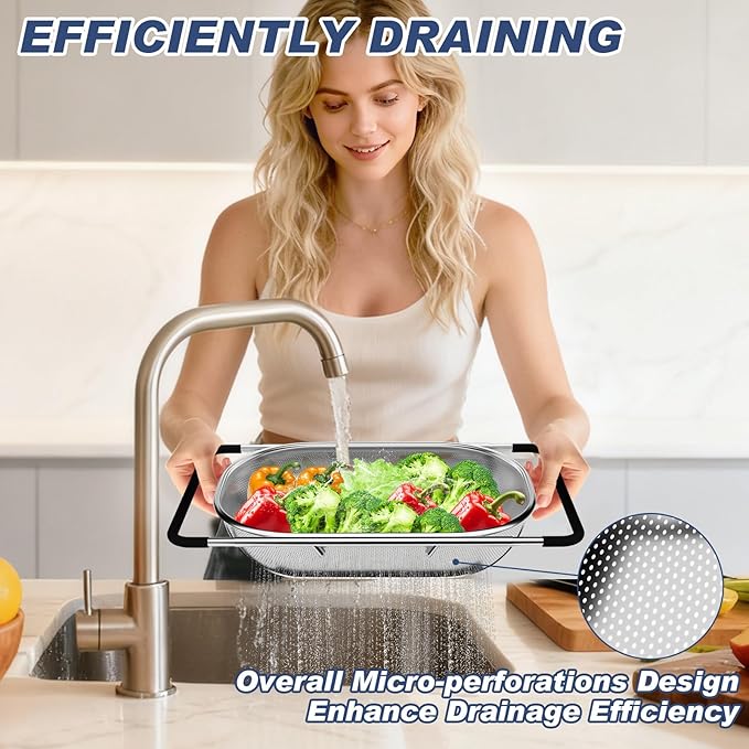 Over the Sink Colander, Expandable Strainers and Colanders with Fine Mesh, Colander for Kitchen with Rubber Grip for Draining Pasta, Vegetables and Fruits - Essential Kitchen Sink Strainer - Image 5