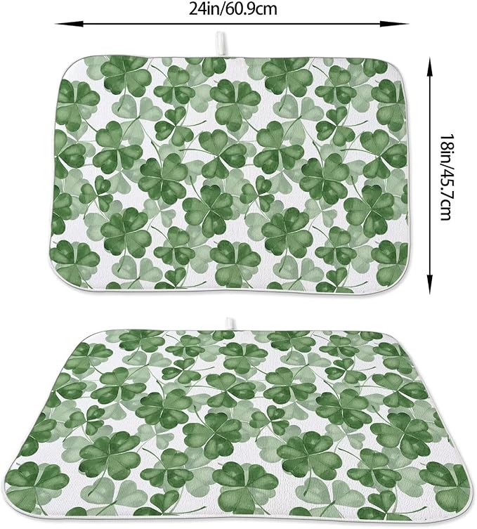 St Patricks Day Dish Drying Mat 18 x 24 inch Dark Green Clover Print Decorative Drying Mats Microfiber Absorbent Shamrock Dish Washable Draining Mat for Kitchen Counter Decor