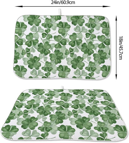 St Patricks Day Dish Drying Mat 18 x 24 inch Dark Green Clover Print Decorative Drying Mats Microfiber Absorbent Shamrock Dish Washable Draining Mat for Kitchen Counter Decor