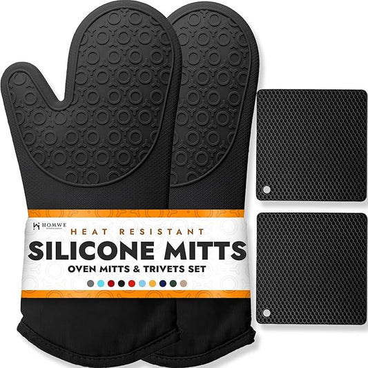 BPA-Free Soft Silicone 4 Piece Oven Mitts & Trivets Set - Ultra Heat Resistant Oven Mitts with Thick Cotton Liner - Long Slip Resistant Pot Holders, Flexible Oven Gloves - Black by HOMWE
