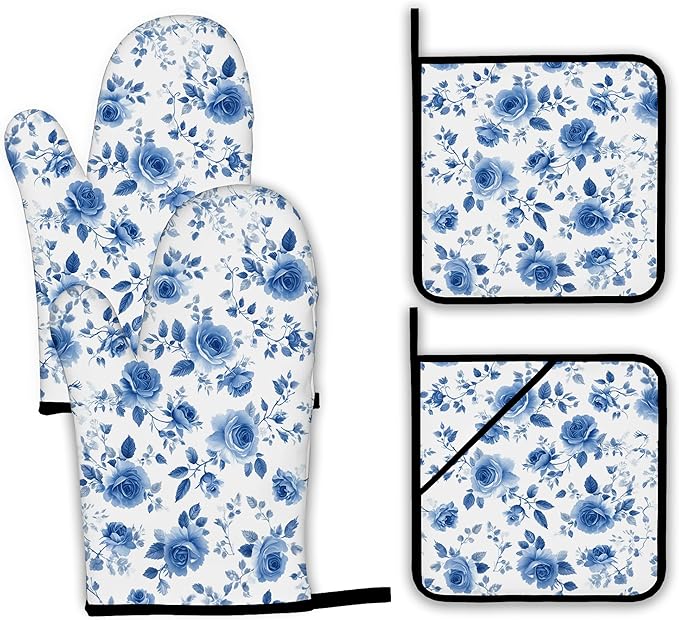 Vintage Blue Rose Oven Mitts and Pot Holders,Heat Resistant Oven Mitts Gloves and Pot Holder for Home Kitchen Decorations Cooking Baking BBQ Gifts,Set of 4