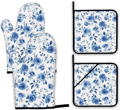 Vintage Blue Rose Oven Mitts and Pot Holders,Heat Resistant Oven Mitts Gloves and Pot Holder for Home Kitchen Decorations Cooking Baking BBQ Gifts,Set of 4