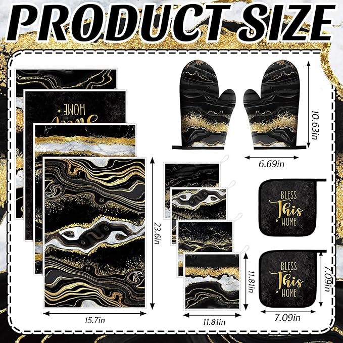 Bencailor 12 Pcs Marble Kitchen Decor and Accessories Sets 4 Black and Gold Marble Kitchen Towels 4 Farmhouse Absorbent Dishcloths 2 Pot Holders 2 Oven Mitts Gloves for Home Decor Mom Gifts