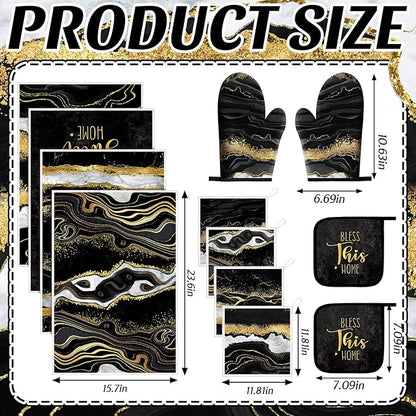Bencailor 12 Pcs Marble Kitchen Decor and Accessories Sets 4 Black and Gold Marble Kitchen Towels 4 Farmhouse Absorbent Dishcloths 2 Pot Holders 2 Oven Mitts Gloves for Home Decor Mom Gifts