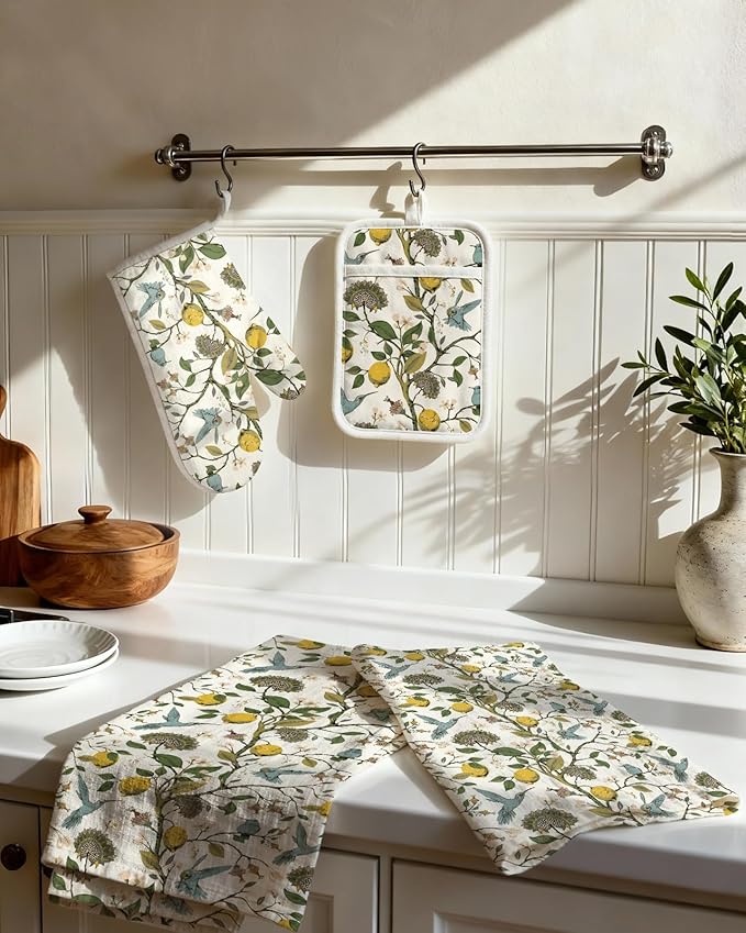 Miss Adola 270 GSM Cotton Kitchen Towels, Oven Mitt and Pot Holder - 4 Pack Kitchen Decor and Accessories Set Spring Cute Farmhouse Boho Quilted Lining Heat Resistant Set with Hanging Loop, Lemon Bird - Image 2