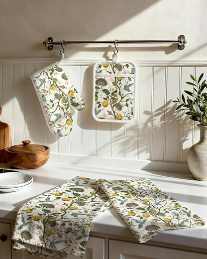 Miss Adola 270 GSM Cotton Kitchen Towels, Oven Mitt and Pot Holder - 4 Pack Kitchen Decor and Accessories Set Spring Cute Farmhouse Boho Quilted Lining Heat Resistant Set with Hanging Loop, Lemon Bird - Image 2
