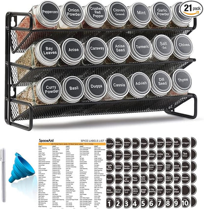SpaceAid Spice Rack Organizer with 21 Spice Jars, 386 Spice Labels, Chalk Marker and Funnel Set for Cabinet, Countertop, Pantry, Cupboard or Door & Wall Mount - 21 Jars, 13.4" W × 9" H, Black by SpaceAid