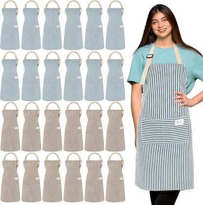 Janmercy 24 Pcs Aprons for Women Men with 2 Pockets Linen Cooking Kitchen Apron Adjustable Bib Chef Apron Bulk Aprons Unisex