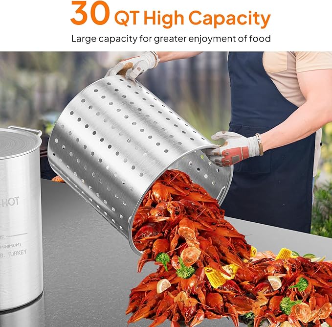 ROVSUN 30QT Turkey Fryer Pot & Seafood Boil Pot with Strainer Basket, Lid, Hook & Steamer, Aluminum Stockpot for Turkey Frying & Crab, Lobster, Shrimp Boiling for Outdoor Cooking & Gatherings - Image 3