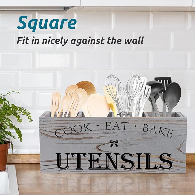 Suli Extra Large Kitchen Utensils Holder with 4 Compartments, Wooden Utensil Organizer for Kitchen Countertop, Farmhouse Decor, Rustic Cooking Utensil - Grey grain - Image 5