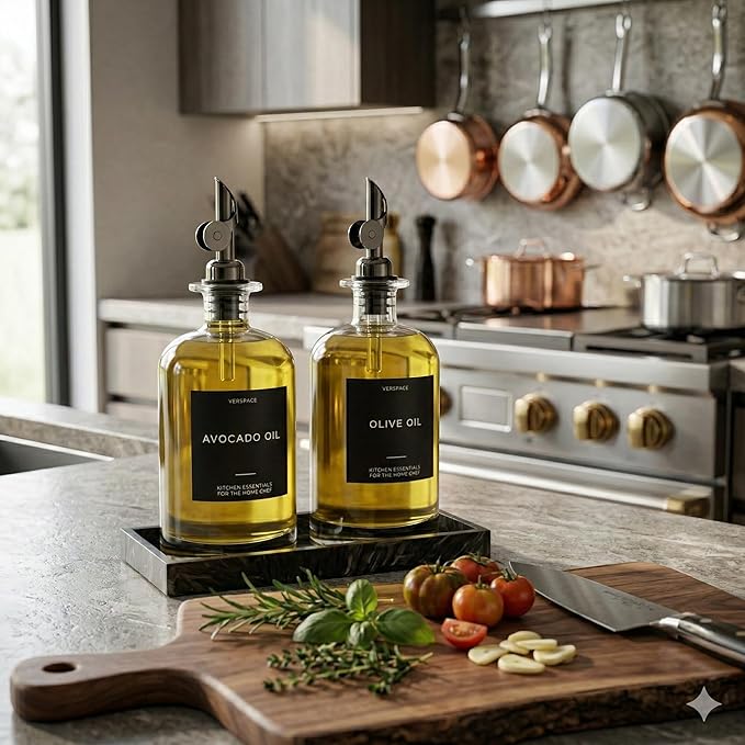 Verspace - Clear Glass Olive Oil Dispenser Bottles For Kitchen With Silicone Tray & 40 Labels, Soy Sauce Dispenser, Coffee Syrup Dispenser, Olive Oil Bottles Set Of 2, Black 500ml / 17oz - Image 2