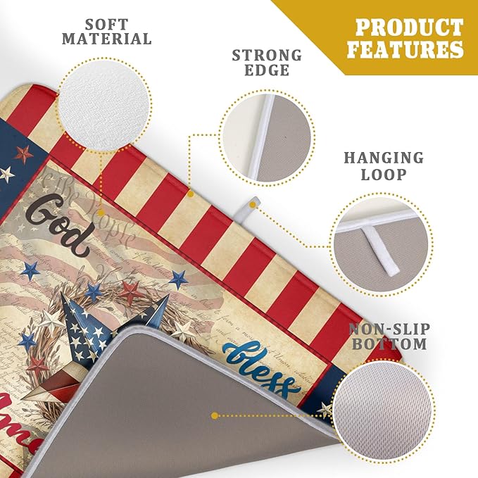 4th of July God Bless Dish Drying Mat for Kitchen Counter,American Flag Star Patriotic Independence Day Drying Mat 18 x 24 Inch with Absorbent Reversible Microfiber Drying Pad for Coffee Bar - Image 4