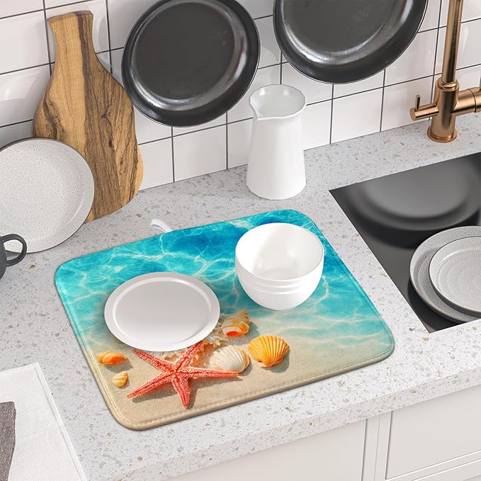 Giwawa Coastal Starfish Dish Drying Mat 16"x18" Ocean Blue Sea Coral Seashell Dish Drainer Mats Nautical Beach Themed Decorative Reversible Dish Drying Pad for Kitchen Countertop Dining Room