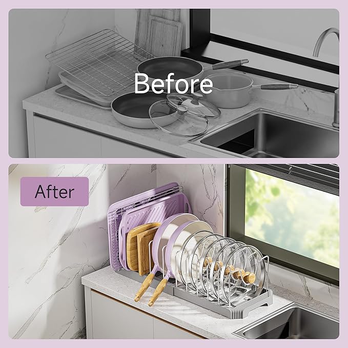 MUDEELA Pot Lid Organizer Rack for Cabinet, Expandable Pots and Pans Organizer under Cabinet with 12 Adjustable Dividers, Pan Organizers Holder inside Cabinet for Cutting Boards, Baking Sheets, Grey - Image 5