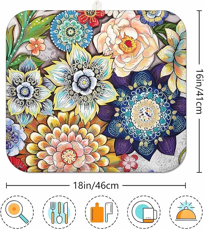 Boho Drying Mat 16" X 18" Boho Flower Kitchen Counter Stone Large Dish Drying Mats For Kitchen Counter Abstract Boho Floral Drying Mats For Home Counter Drying Mats For Dishes Table Mat Drying Mat - Image 6