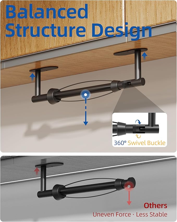 RUACQ Paper Towel Holder Under Cabinet, One Hand Tearing Paper Towel Holder with Damping Effect, Wall Mount & Adhesive Stainless Steel Paper Roll Holder for Kitchen Bathroom (Matte Black)