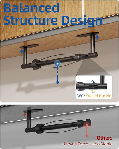 RUACQ Paper Towel Holder Under Cabinet, One Hand Tearing Paper Towel Holder with Damping Effect, Wall Mount & Adhesive Stainless Steel Paper Roll Holder for Kitchen Bathroom (Matte Black)
