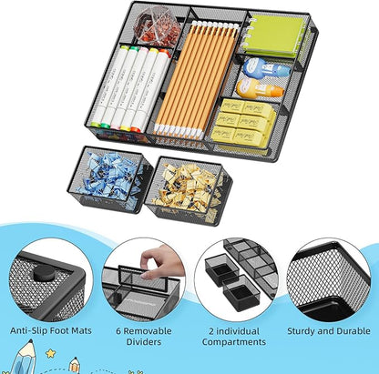 Marbrasse 3 Pack Desk Drawer Organizers with 9 Adjustable Compartments for Makeup, Office Supplies & Accessories (Black)