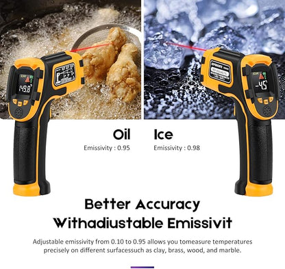 Infrared Thermometer Non-Contact Digital Laser Temperature Gun -58℉～1112℉(-50℃～600℃) Adjustable Emissivity IR Temp Gun - for Cooking, BBQ, Food, Fridge, Pizza Oven, Engine - Meat Thermometer Included