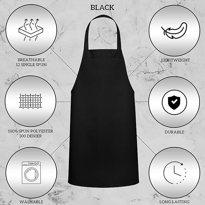 GREEN LIFESTYLE 12 Pack Bib Apron - Unisex Black Aprons, Machine Washable Aprons for Men and Women, Kitchen Cooking BBQ Bulk (Pack of 12, No Pockets, Black) - Image 4