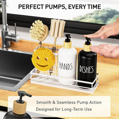 Moforoco Kitchen Dish Soap Dispenser Set, 16OZ Glass Bottle, Hand and Dish Soap Dispenser Set, Instant Dry Tray, Brush Holder with Smiley Face Sponge Holder (White Tray+Black&White Bottle) - Image 3