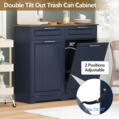 Double 10 Gallon Tilt Out Trash Can Cabinet with Deodorizing Function and Power Outlet, Wooden Hidden Garbage Can Holder with 2 Storage Drawers for Kitchen, Laundry Hamper Cabinet for Bathroom, Blue