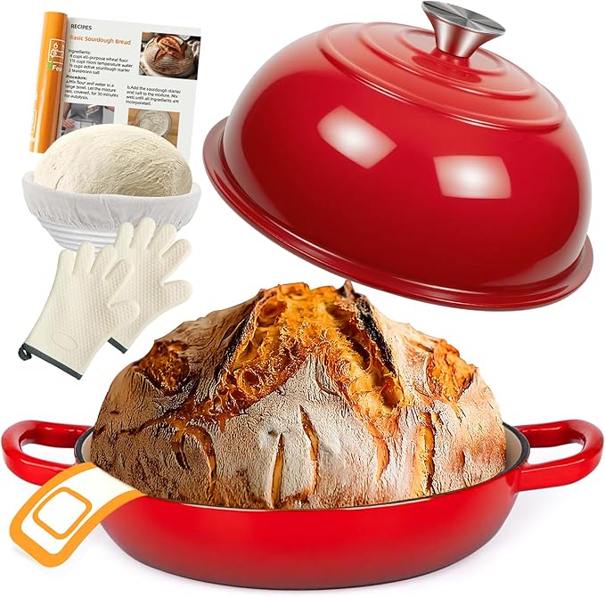 AHJ 6QT Dutch Oven For Bread Baking, Enameled Cast Iron Dutch Oven Pot with Lid, Multi-Functional Bread pan, Sourdough Baking Supplies with Proofing Basket, Cast Iron Bread Oven, Silicone Sling & Gloves. by AHJ