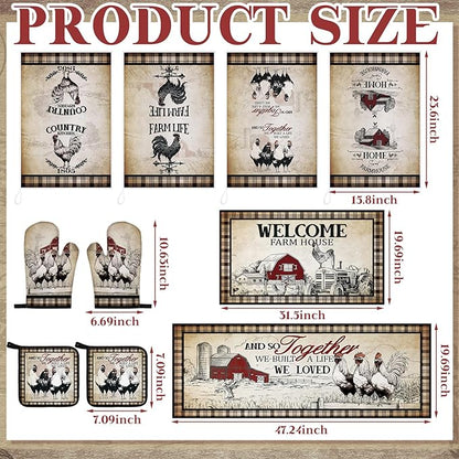 Fourluoo 10 Pcs Barn Chicken Kitchen Dish Towels Rugs Oven Mitts and Pot Holders Set Farmhouse Kitchen Decor Set for Women Mom Daughter Gift Cooking Baking Grilling (Retro Color)