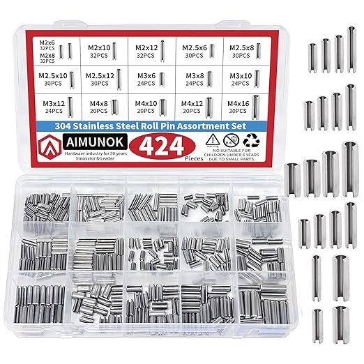 424-Piece Stainless Steel Roll Pin Kit – Spring Dowels, Slotted & Split Pins (M1.5-M6, 14 Types) – Corrosion-Resistant Fasteners for Machinery, Automotive & DIY Repairs by AIMUNOK