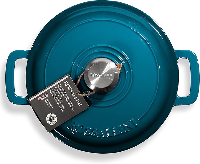 ROSSALLINI Signature Enameled Cast Iron Dutch Oven, Non-Stick Serving Pot with Tight Fitting Lid for Perfect Roasting, Baking, Sauteing, and Bread Making | 13.5Q (12.7L) - Ocean Blue