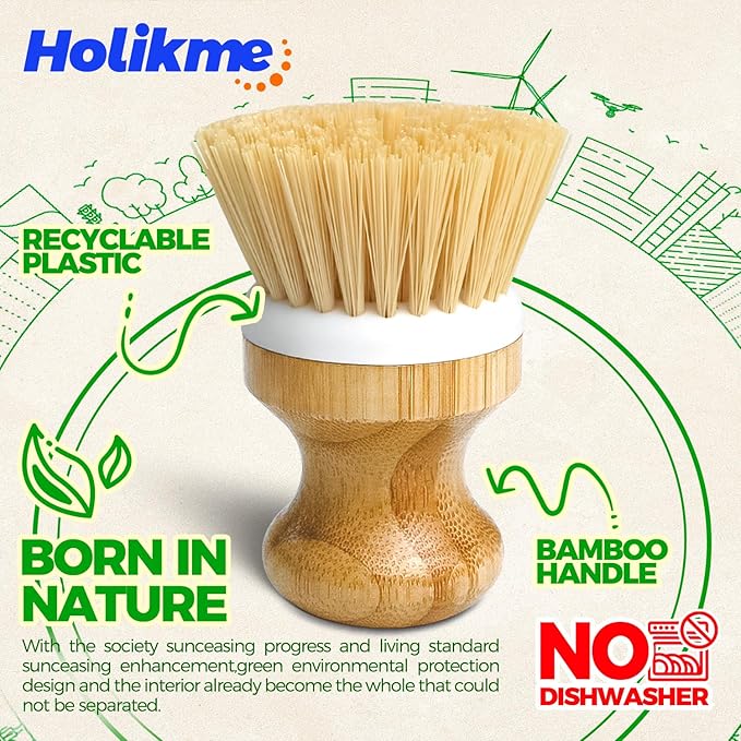 Holikme Bamboo Palm Brush Dish Brushes Vegetable Scrubber Round Natural Scrub Brush Cleaning Kit for Cleaning Saucepans, Pots, Pans and Vegetables, White Yellow Black - Image 5
