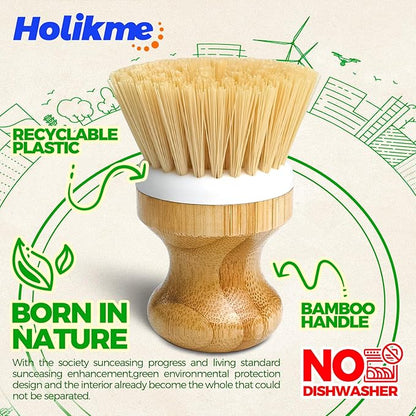 Holikme Bamboo Palm Brush Dish Brushes Vegetable Scrubber Round Natural Scrub Brush Cleaning Kit for Cleaning Saucepans, Pots, Pans and Vegetables, White Yellow Black - Image 5