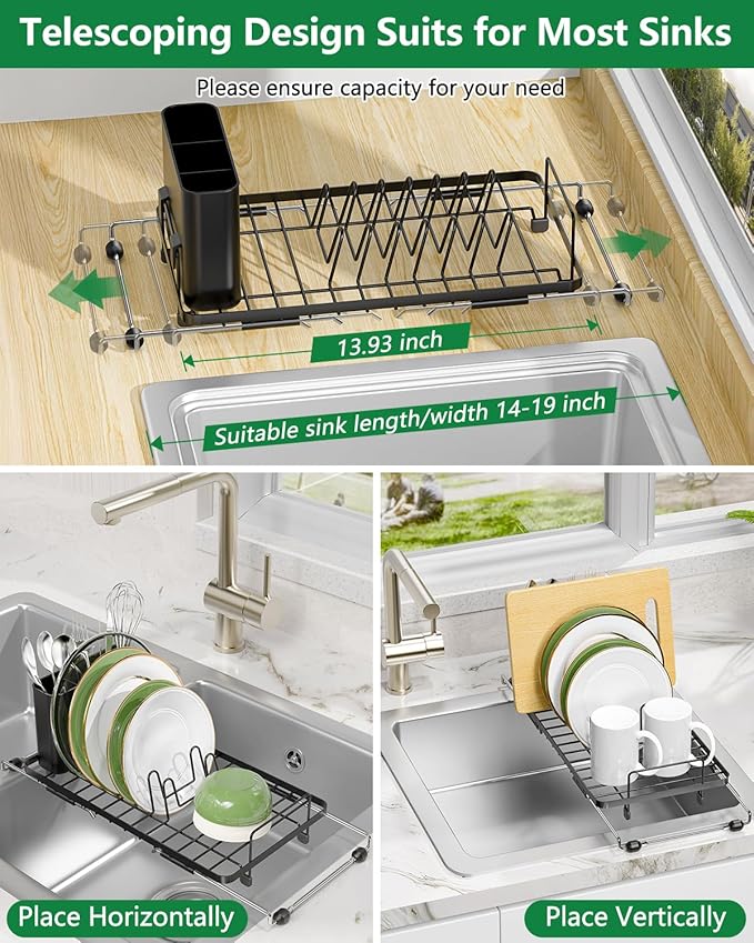Small Dish Drying Rack, Expandable Sink Dish Rack Over Sinks, Dish Drainer for Kitchen Counter with Cutlery Holder, Space-Saving for Small Kitchens, Black