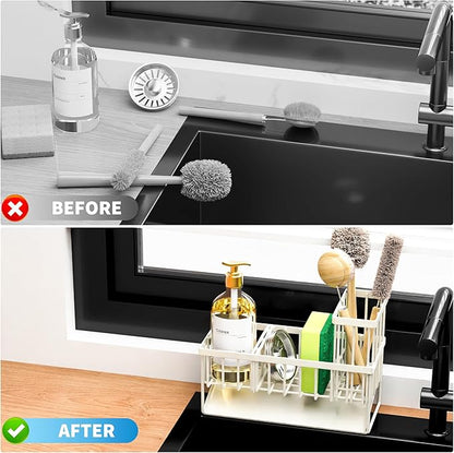 Cisily Off White Sponge Holder for Kitchen Sink, Sink Caddy Organizer with High Brush Holder, Kitchen Countertop Rustproof 304 Stainless Steel, Soap Dispenser Kitchen Organizers and Storage Essentials - Image 6