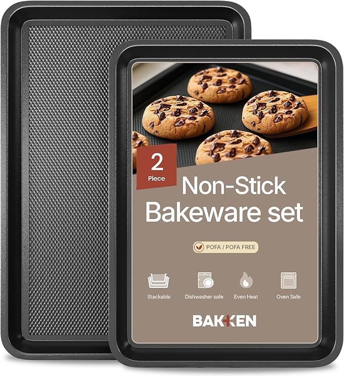 Diamond Bottom Cookie Sheet Set of 2, Nonstick Gray Carbon Steel Baking Pans for Crisp Baking, Space-Saving Stackable Trays, PFOA, PFOS, PTFE Free, Oven Safe Up to 450°F, Small & Medium Pans by Unknown